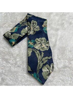 Vintage Oscar de la Renta Couture Silk Tie Navy Blue Teal Sage Green Floral 90s